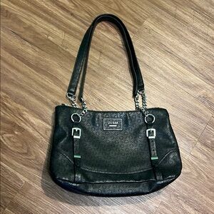 Guess Black Leather Shoulder Bag with Chain Detail
